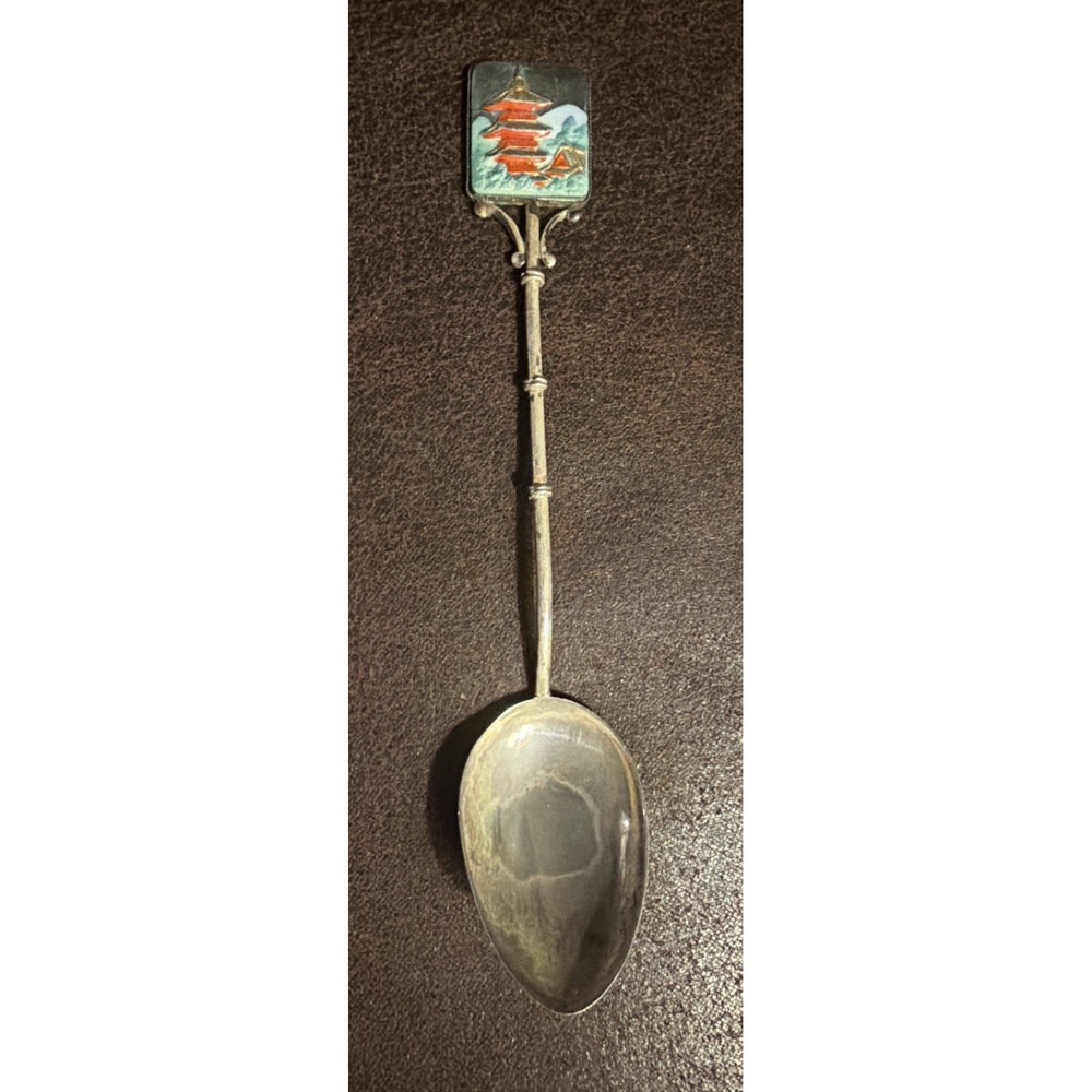 TOSHIKANE Japanese Okame Sterling Silver & Hand Painted Porcelain Souvenir Spoon